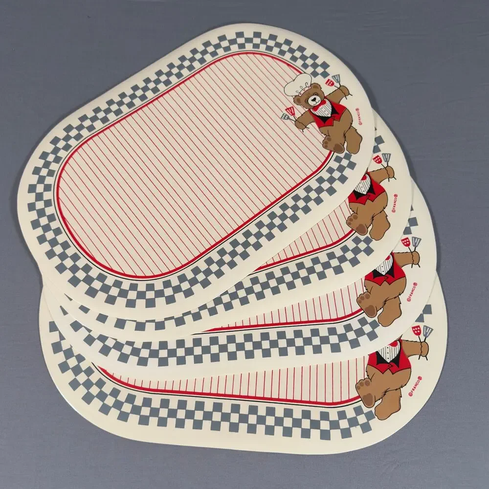FRANCO Vintage 80s Vinyl Teddy Bear Chef Oval Placemats Set of 4